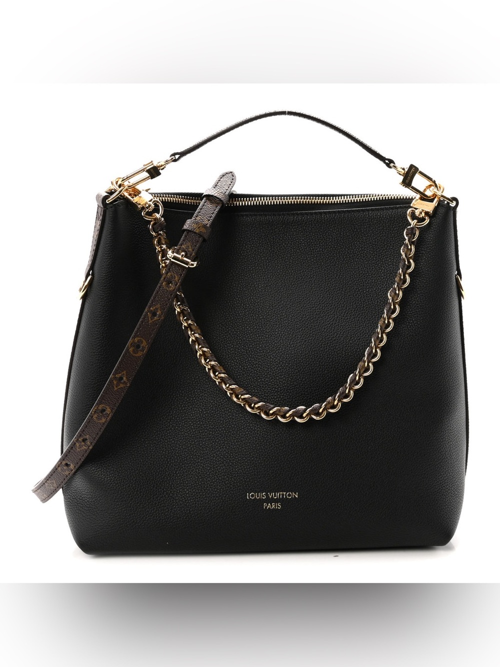 Louis Vuitton Black Leather Shoulder Bag with Gold Chain and Monogram Strap